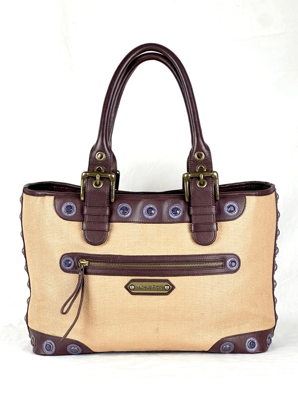 Isabella Fiore ‘Set in Stone’ Jeweled Tote Bag Tan and Brown Leather Trim - Picture 2 of 16